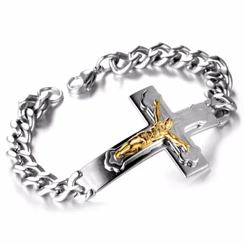 

Charm Mens Cross Bracelet Chain Jesus Christ Curb Cuban Link Stainless Steel Silver/Gold Bracelets for Men Jewelry 20.5mm