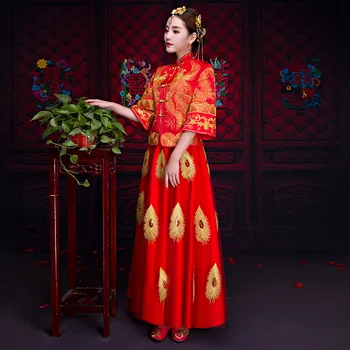 

Red Women Phoenix Embroidery Robe Chinese Traditional Wedding Dress Cheongsam Long Qipao Orientale Style Dresses