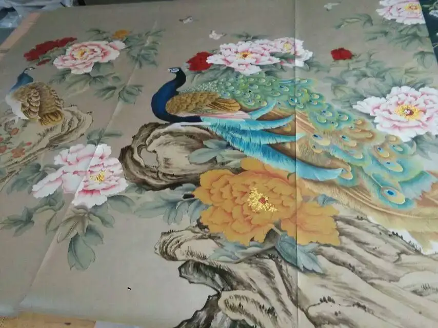

Luxurious Hand-painted silk wallpaper painting flowers with peacock birds many patterns and background optional
