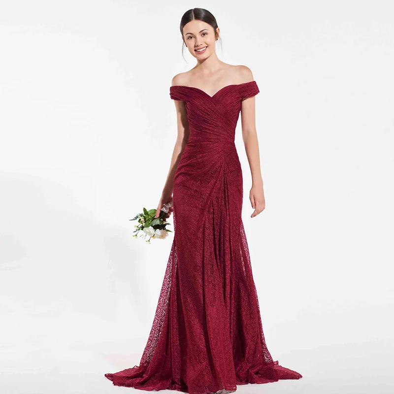 

Tanpell lace bridesmaid dress rust red off the shoulder floor length mermaid gown lady wedding party custom bridesmaid dresses