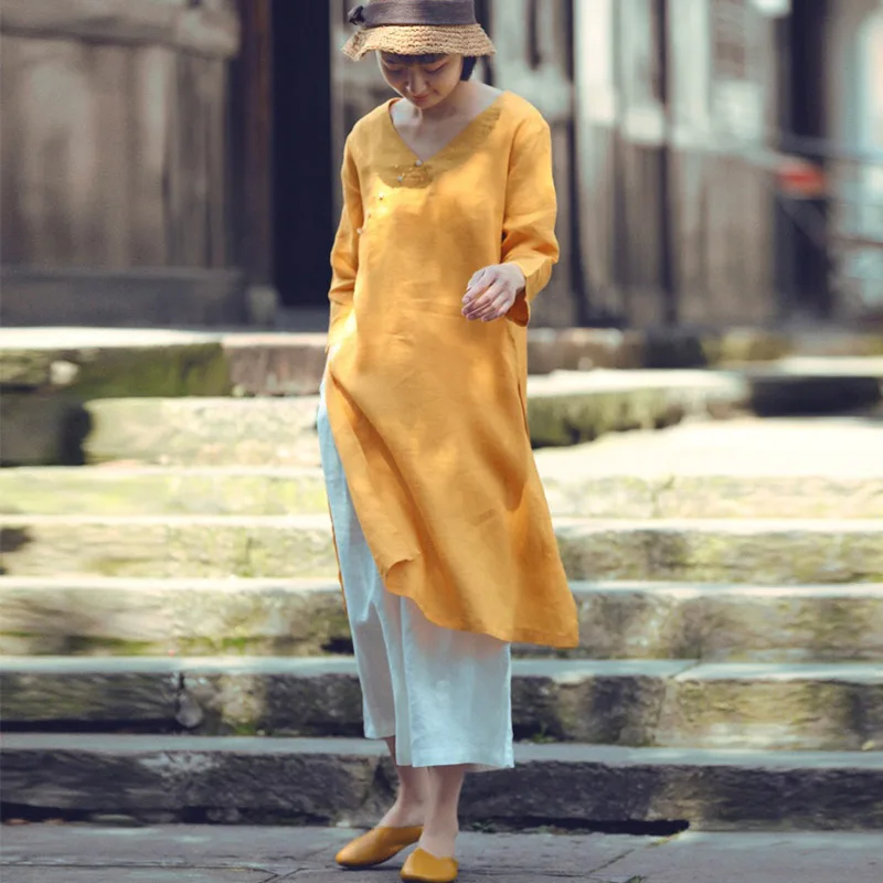 SCUWLINEN Новый 2019 Винтаж сезон: весна–лето платье Для женщин v образным вырезом Джейд кнопки сплошной плюс