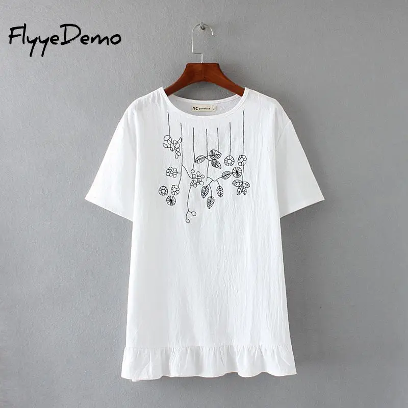 

4XL 2019 Summer Women T Shirt Plus Size Floral Embroidery Ruffles T-Shirt Casual O Neck Short Sleeve Ladies Tops Plus Big Size