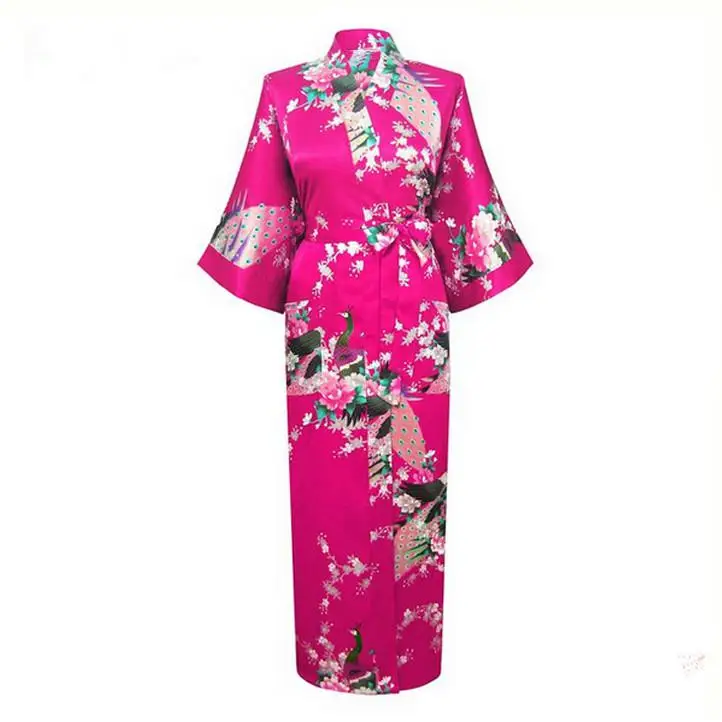 Черные женские кимоно халат невесты свадебное Лето Ночная рубашка шелковый атлас Плюс размеры рубашки RB012 - Цвет: Long Hot Pink