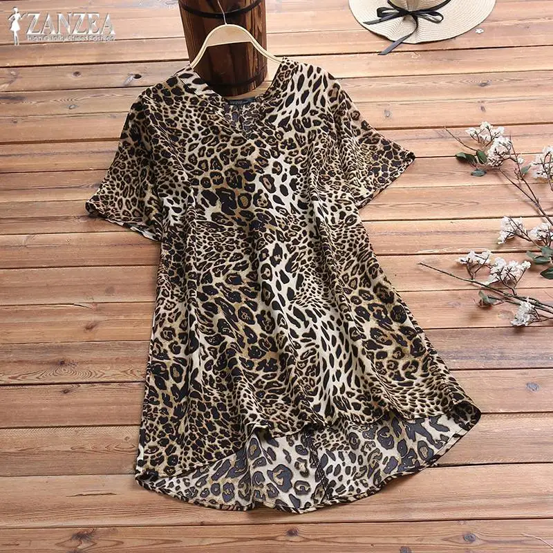 

Asymmetrical Tee Shirt Women's Leopard Printed Blouse ZANZEA 2019 Woman Tunic V Neck Short Sleeve Tops Female Blusas Mujer 5XL