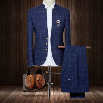 

2019 Spring Autumn Fashion Business Style Men's Chinese Stand Collar Plaid Long Sleeve Blazer and Suit Trousers Black and Blue