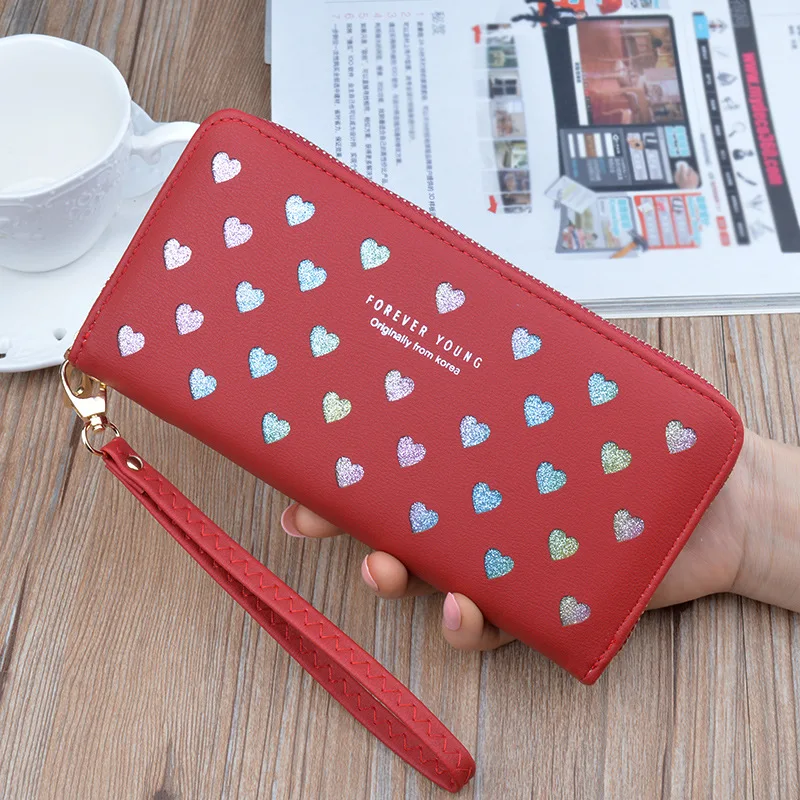 Leather women's wallet New cute Love color hollow large capacity Purses women Solid color purses Long Love zipper female wallet - Цвет: Красный