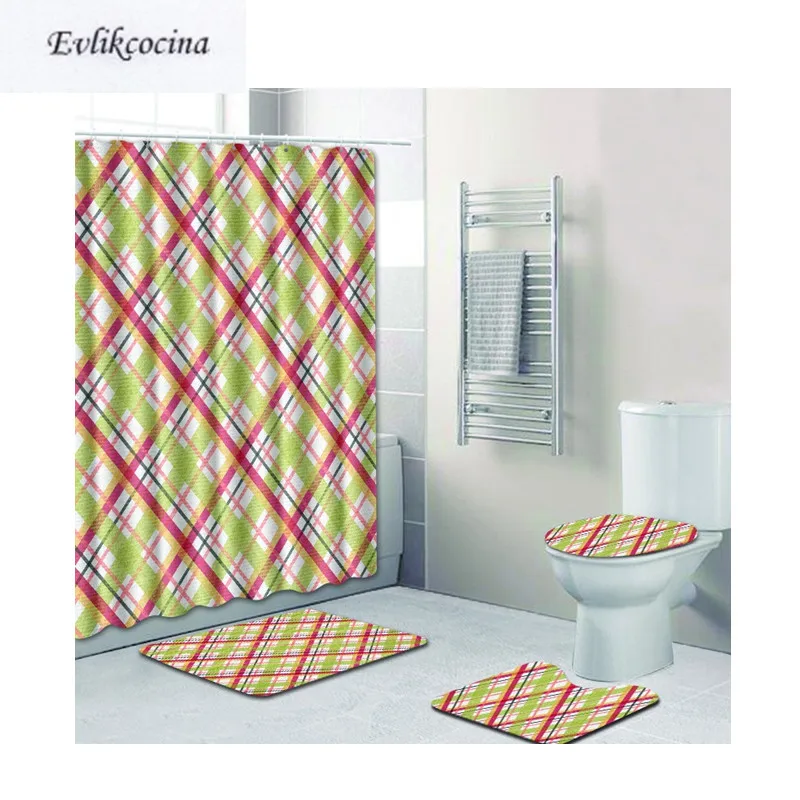 

Free Shipping 4pcs Banyo Bathroom Carpet Toilet Bath Mat Set Red Green Plaids Tapis Salle De Bain Alfombra Bano Tapete Banheiro