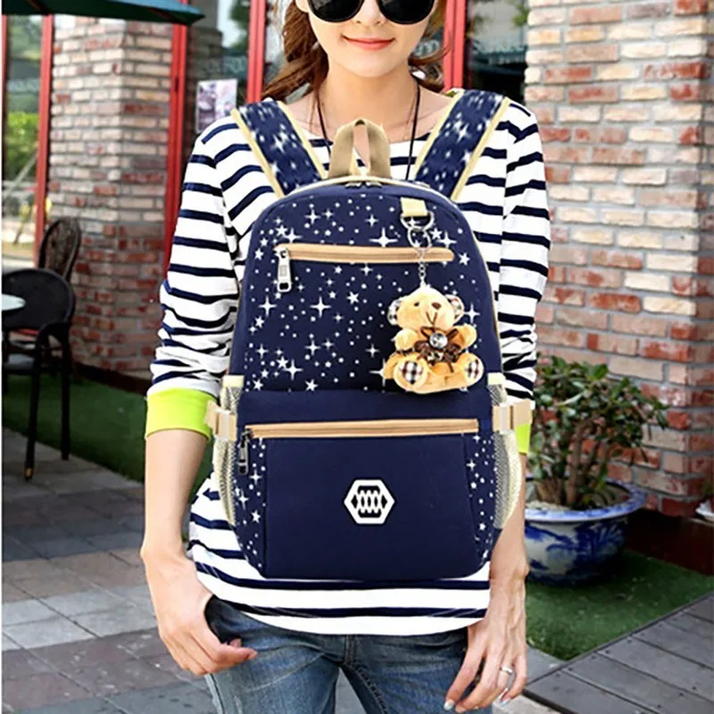 Women 3pcs/set Canvas Backpack Bagpack Star Printing Cute Backpacks With Bear Bagpack For Teenagers Girls Back Pack Bagpack Women 3pcs/set Canvas Backpack Bagpack Star Printing Cute Backpacks With Bear Bagpack For Teenagers Girls Back Pack Bagpack