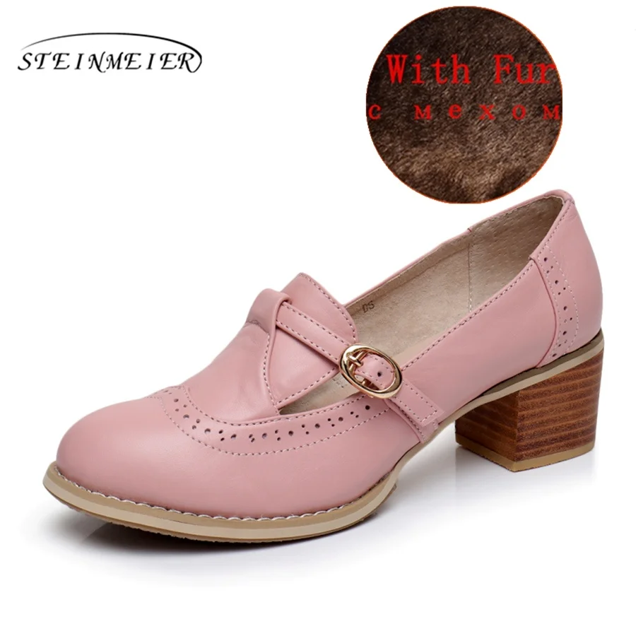 Женская обувь из натуральной кожи; американский размер 9; дизайнерские винтажные туфли-лодочки ручной работы на высоком каблуке с круглым носком; цвет розовый, белый, синий; коллекция года; сезон весна - Цвет: pink with fur