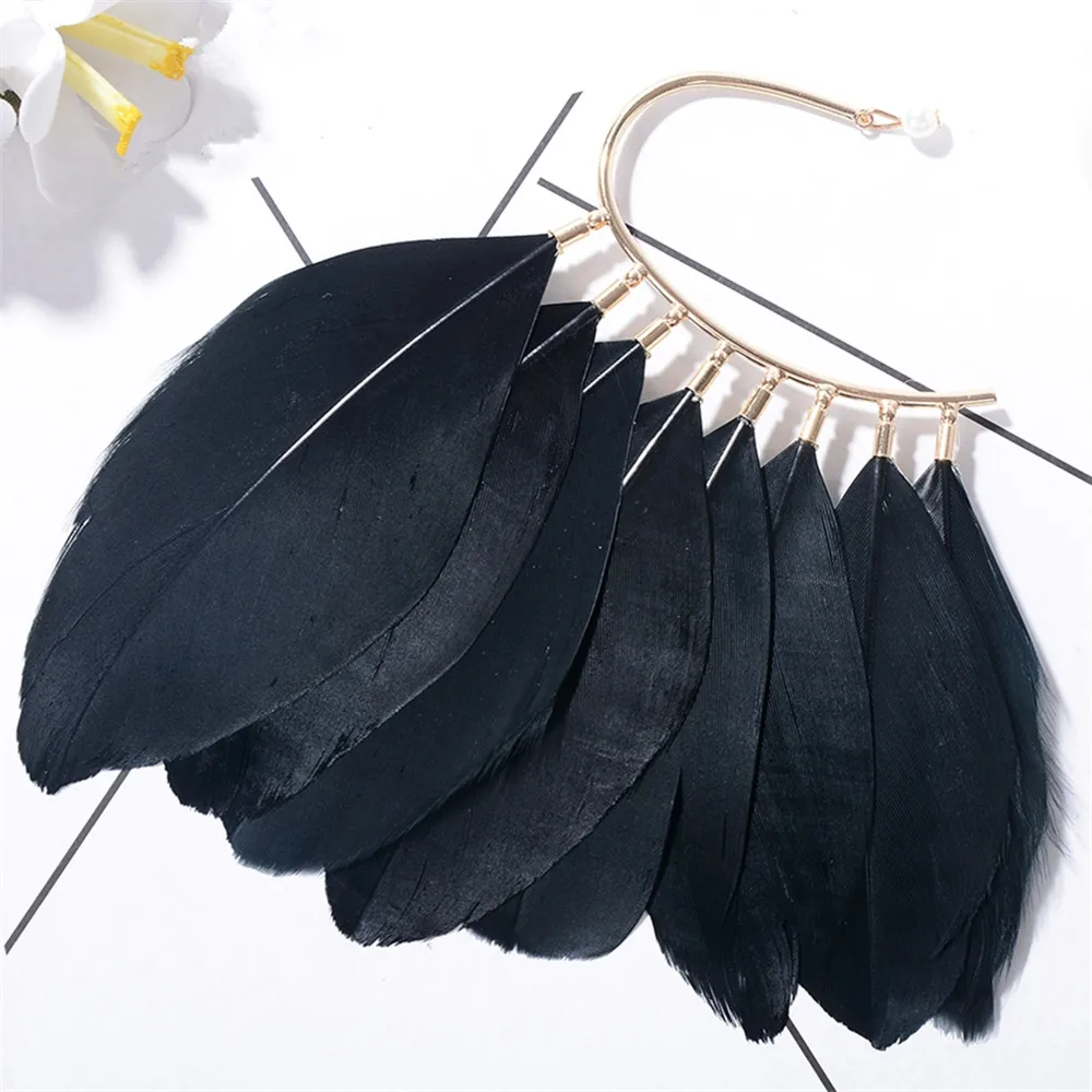 

1 PC Unique Unisex Big Feather Ear Cuff Clip Earrings Non Piercing For Women Earless Hang Fashion Jewelry White Black