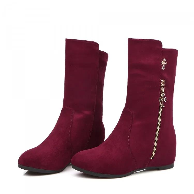 

New Arrival Fashion Spring Autumn Flat Heels Increasing Height Warm Pu Suede Martine Zip Mid-Calf Botas Women Lady Boots H6476