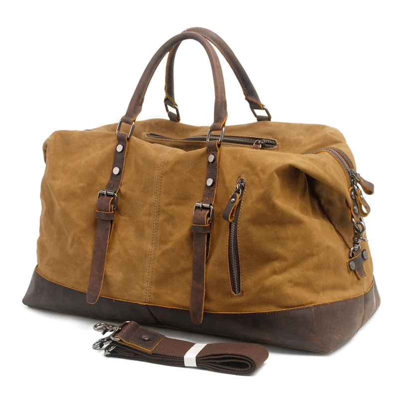 

Waxed Canvas Men Travel Duffel Vintage Sports Gym Bag Oiled Leather Military Weekend Bag Basic Training Tote Overnight Bags