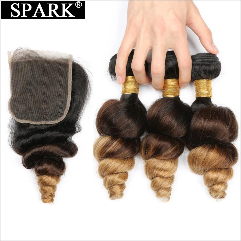 

Spark Ombre Brazilian Loose Wave 3/4 Bundles with Closure Can Make a Wig Remy Hair Extension Ombre Human Hair Remy Loose Deep