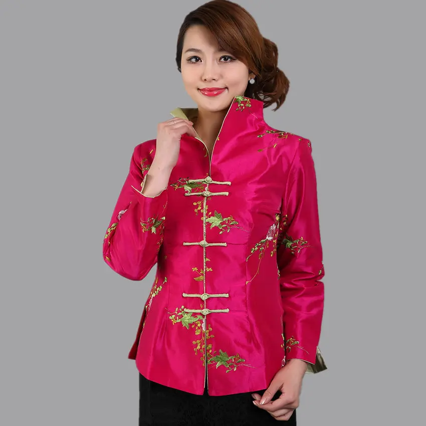 Модная бежевая Женская атласная куртка с вышивкой, весенне-осенняя куртка с длинными рукавами, пальто с цветочным принтом, Размеры S M L XL XXL XXXL Mujer Chaqueta Mny12E - Цвет: Hot Pink