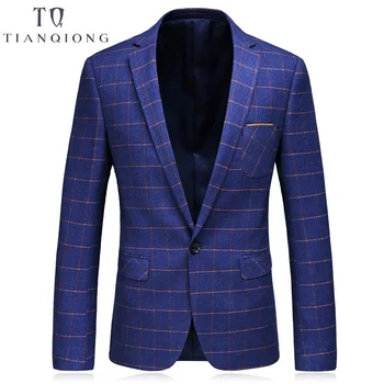 

TIAN QIONG Blazer Men Gray Plaid Wool Blazer Mens Formal Jacket Blazers for Stylish Men's Casual Slim Fit One Button Suit Jacket