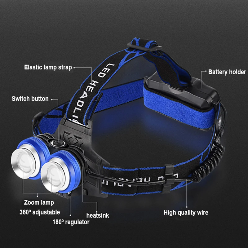 Светодиодный налобный фонарь, перезаряжаемый фонарь 2xT6, светодиодный 8000 Люмен, 4 режима освещения, открытый, без рук, для кемпинга, рыбалки, велоспорта