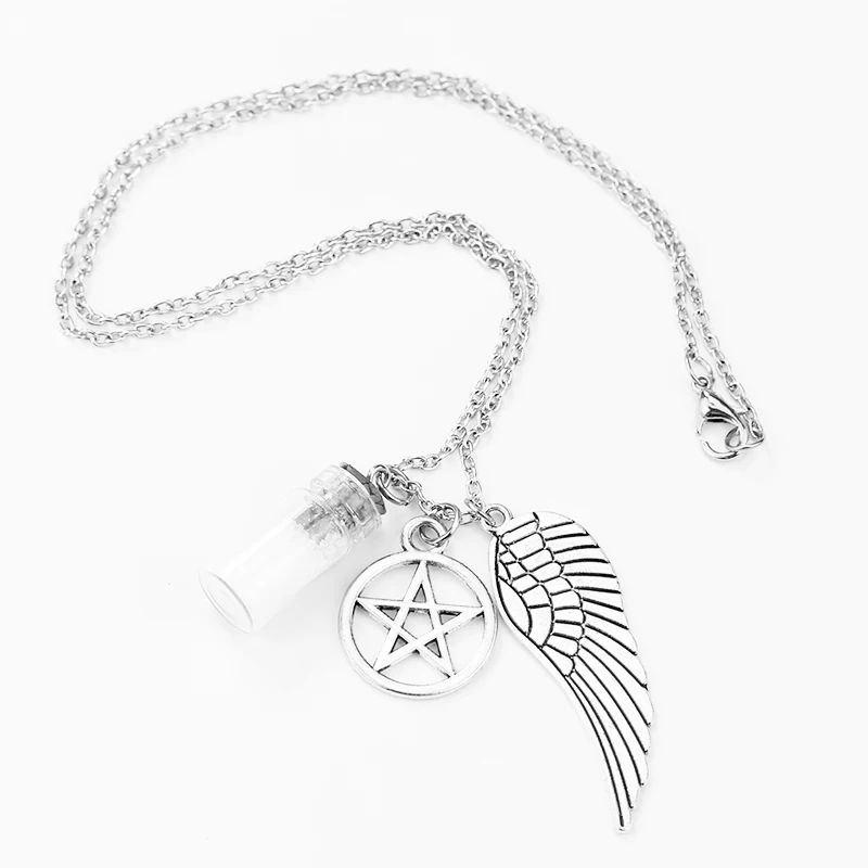 Модное серебряное ожерелье с защитой от сверхъестественных воздействий, пентаграмма с крыльями ангела и флаконом, подвеска на цепочке