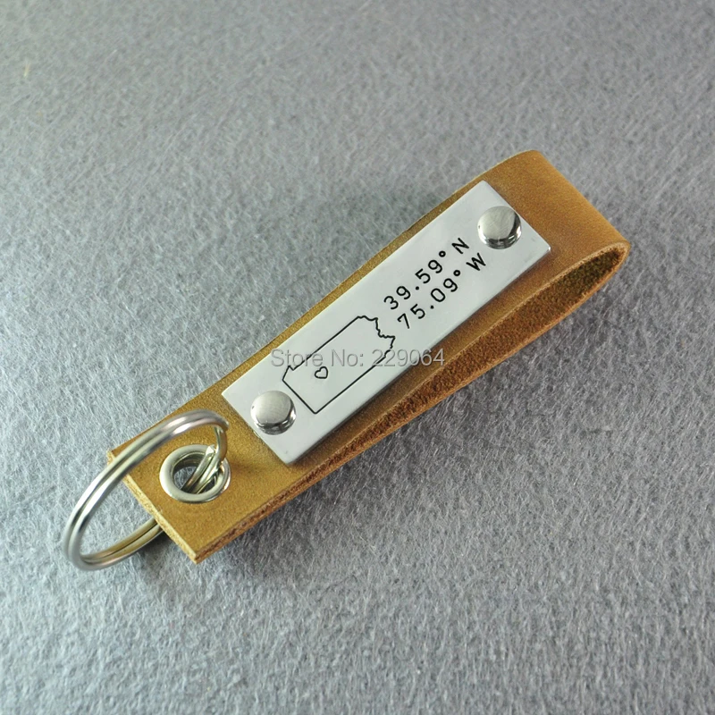 

Pennsylvania leather key chain, Personalized map key chain, custom longitude and latitude, coordinate key chain, Men's jewelry