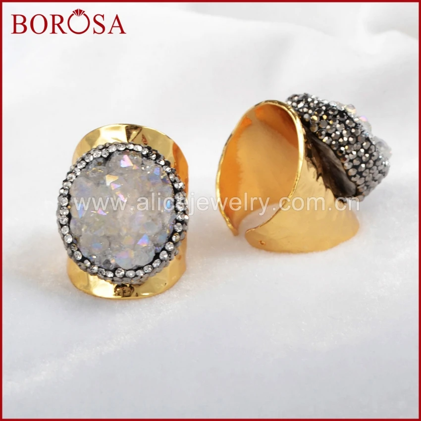 Модная Друза borosa bang кольцо Круглый натуральный кристалл Druzy Titanium AB geode stone pave cz на