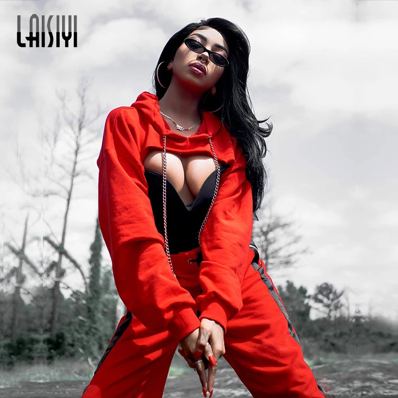 

LAISIYI Women's Irregular Hooded Sweatshirt Chain Short Pullover Crop Fashion Long Sleeve Red Tops For Dropshipping