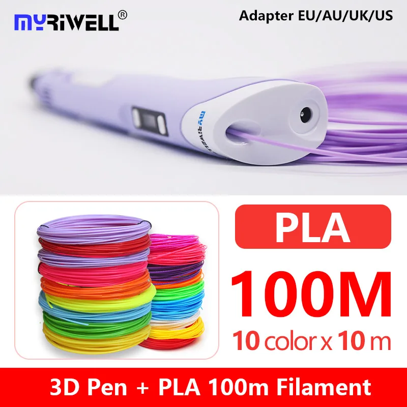 Myriwell 1,75 мм ABS/PLA 3D печатная ручка светодиодный/ЖК-экран 3D Ручка 3D Ручка+ PLA100M нить креативная игрушка подарок для детская игрушка для разрисовывания - Цвет: purple PLA  10color