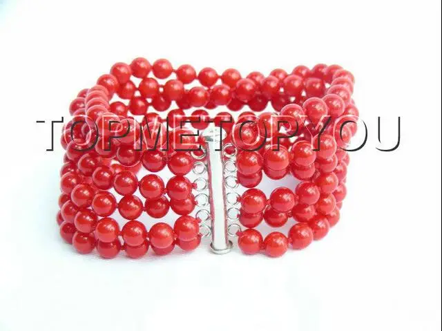

Free Shipping >> Wonderful 6row round red coral bracelet 925SS E803