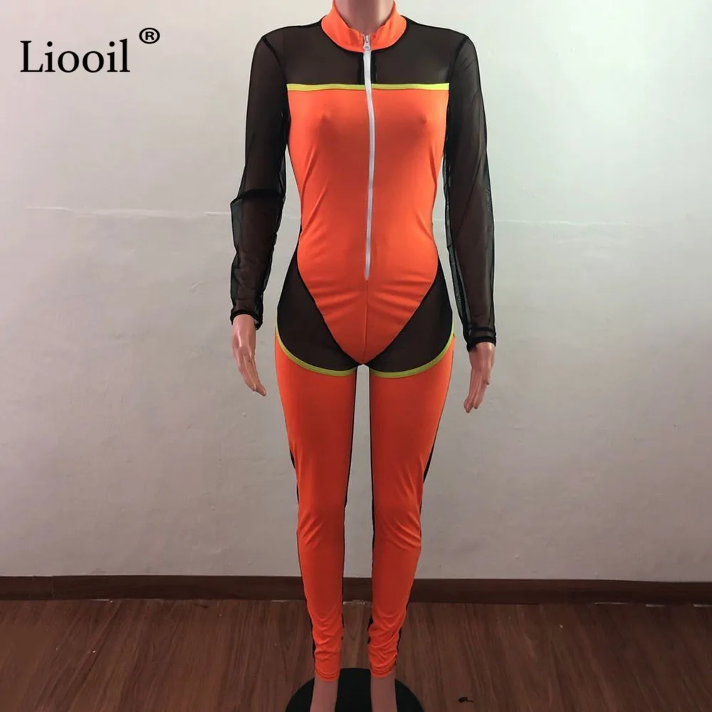 Liooil цвет с сетчатыми вставками сексуальные комбинезоны для женщин длинный рукав молния Bodycon Вечерние Клубные Комбинезоны Женский комбинезон на бретельках