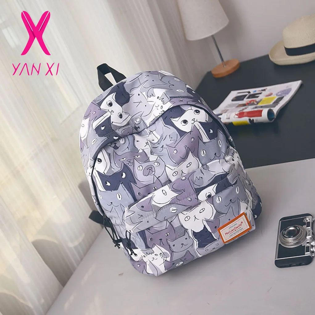 

YANXI Cat Printing Backpack Canvas Women School Bags for Girls Large Capacity Backpacks Cute Back To School Rucksack