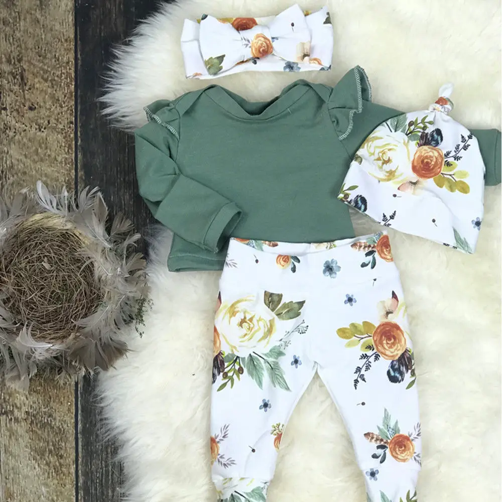 

3pcs Newborn Kid Baby Girl Solid Color Clothes Jumpsuit Bodysuit Floral Pants headband Outfits