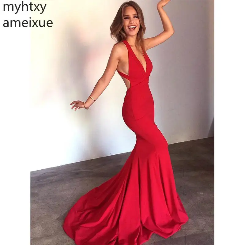 

Red Sexy Cheap Evening Dress Mermaid Formal Prom Party Dresses Sleeveless Backless Sweep Train Gown Custom Made Robe De Soiree