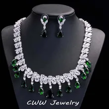 Ослепительно дисперсный кубический цирконий большое свадебное ожерелье серьги наборы роскошный зеленый кристалл свадебные ювелирные изделия аксессуары T126