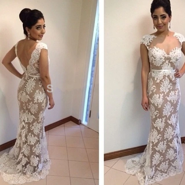 vestido de festa longo Elegant Cap Sleeve Jewel Neck White Lace Appliques On Champagne Low V Back Fishtail Long Evening Dress