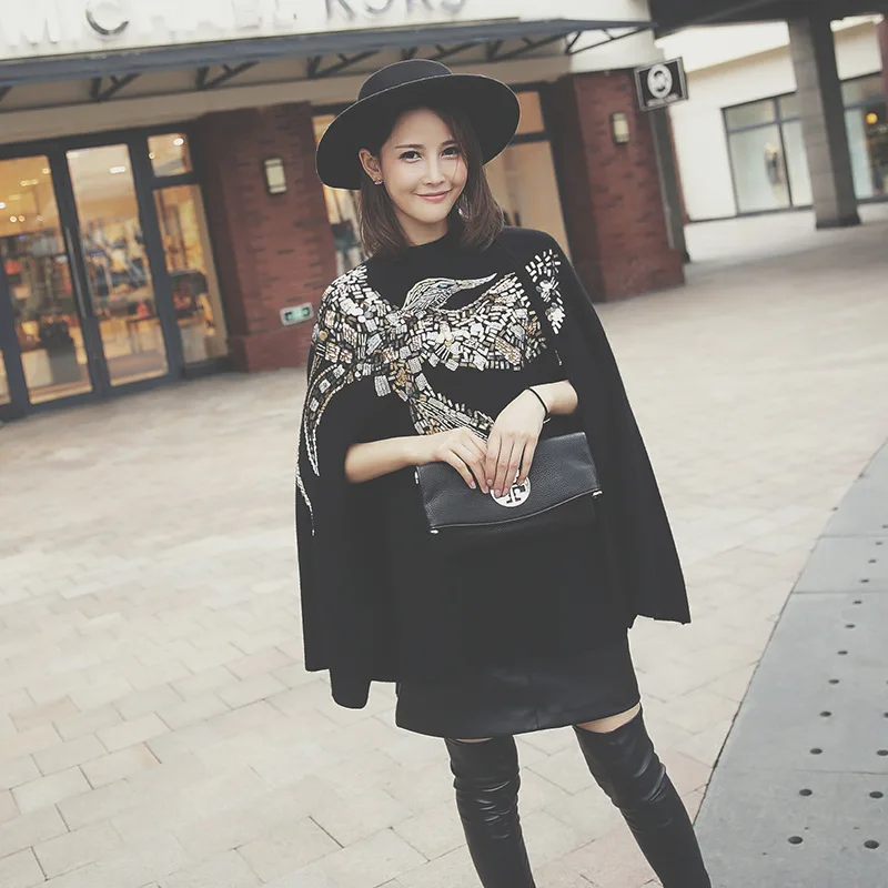 

[DEAT] 2019 Autumn New Fashion Women's High-quality Clothing Eagle Pattern Handmade Sequin Embroidery Knit Cape Shawl Coat WI368