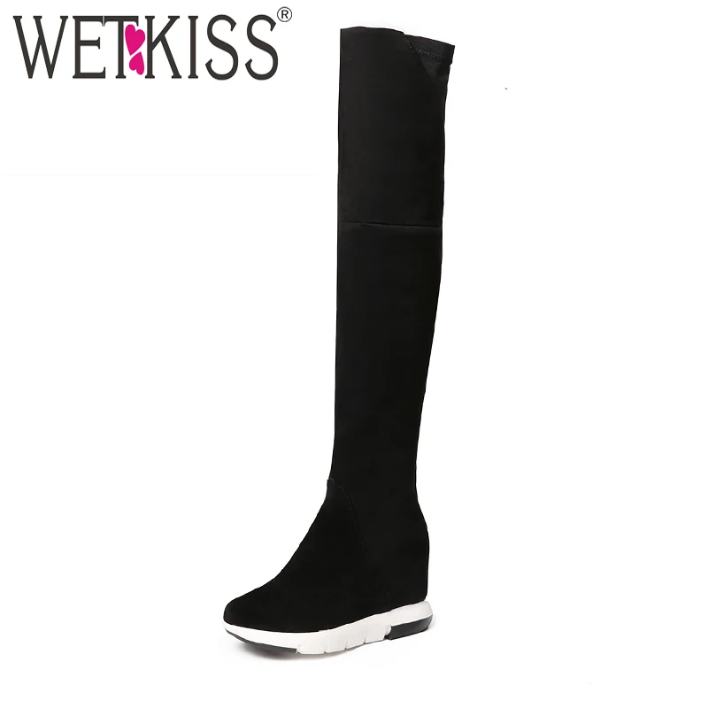 

WETKISS Leisure Flat Platform Height Increasing Autumn Winter Boots Genuine Leather Suede Over The Knee Boots Zipper Women Shoes