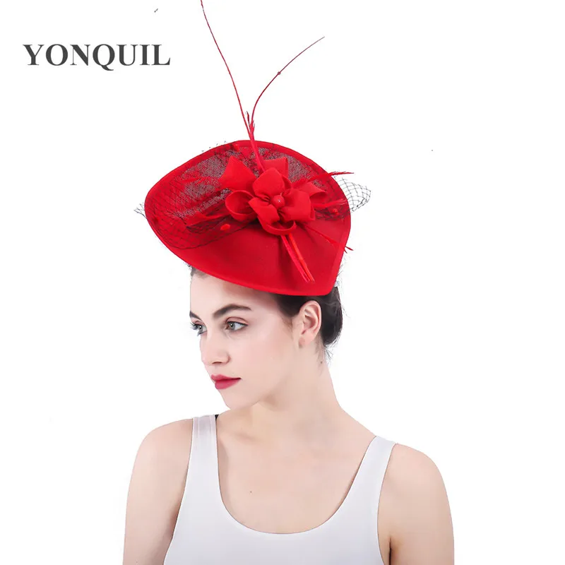 Скопируйте Sinamay красные Fascinators Veil Шляпы Заколки для волос аксессуары Кентукки поводов Royal повязка на голову с цветочным узором Головные