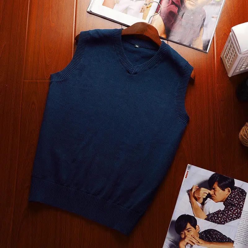 Брендовая одежда пуловер свитер для мужчин осень v-образный вырез тонкий сплошной жилет Свитера без рукавов мужской теплый свитер хлопок Повседневный M-3XL - Цвет: Синий