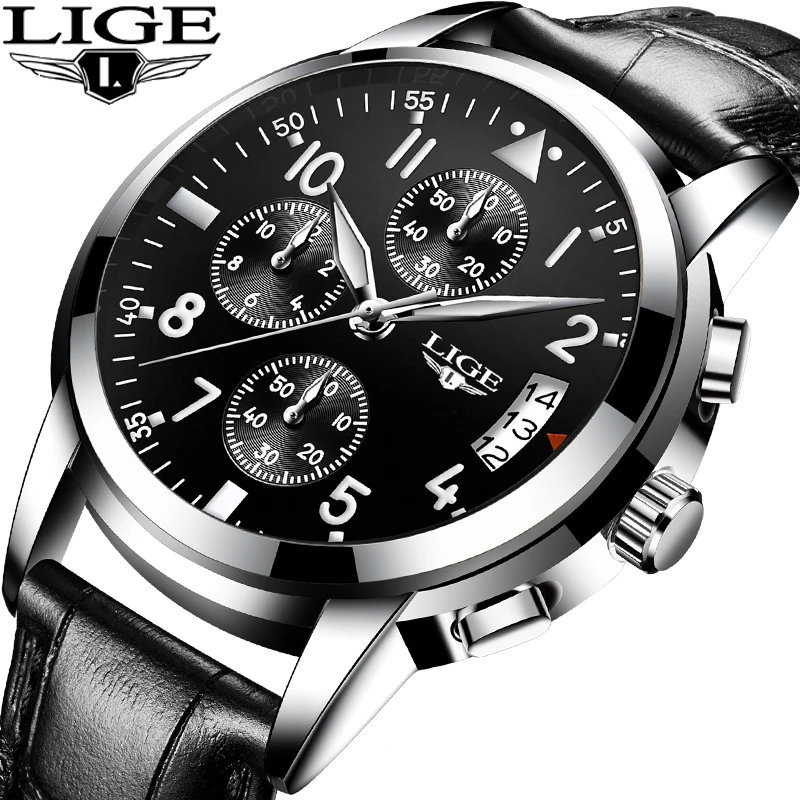 

LIGE Men Casual Leather Business Clock Mens Watches Top Luxury Quartz Wrist Watch Men Sport Waterproof Chronograph Montre Homme