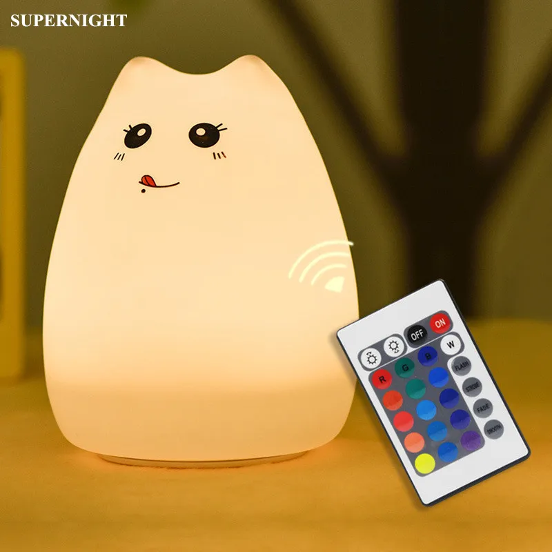 Cat LED Night Light Touch Sensor Remote Control Colorful USB Rechargeable Cartoon Silicone Bedroom Lamp for Children Kids Baby