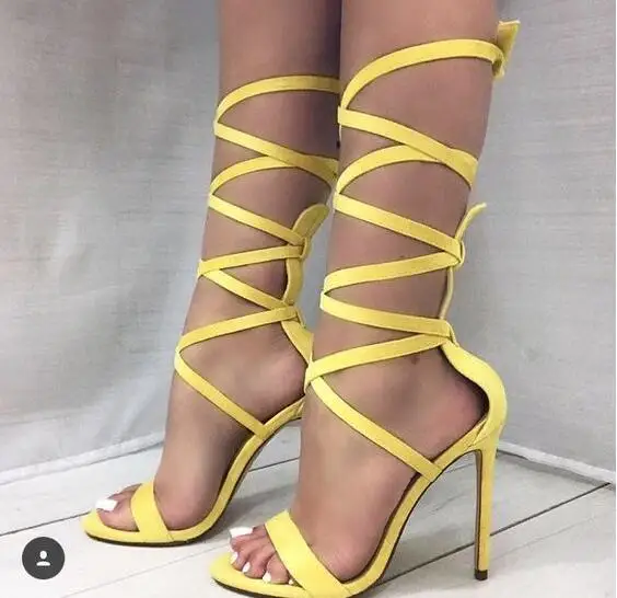 

Summer Cheap High Quality Women Purple Yellow Solid Thin Heels Cross Lace Up 100 mm Party Sexy Sandals High Heels Big Size 43