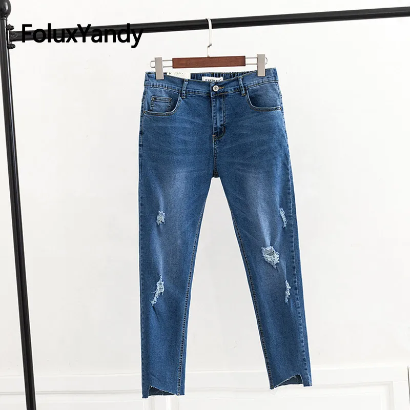 

Hole Women Jeans Denim Trousers Plus Size Slim Skinny Pencil Pants Blue Ripped Jeans KKFY3223