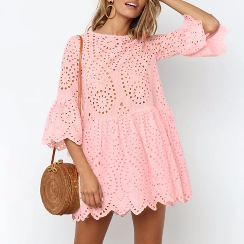 TWOTWINSTYLE Sexy Mini Lace Dresses Women Flare Sleeve Hollow out Beach Summer Dress Female Casual Clothes 2018 New Plus Sizes TWOTWINSTYLE Sexy Mini Lace Dresses Women Flare Sleeve Hollow out Beach Summer Dress Female Casual Clothes 2018 New Plus Sizes