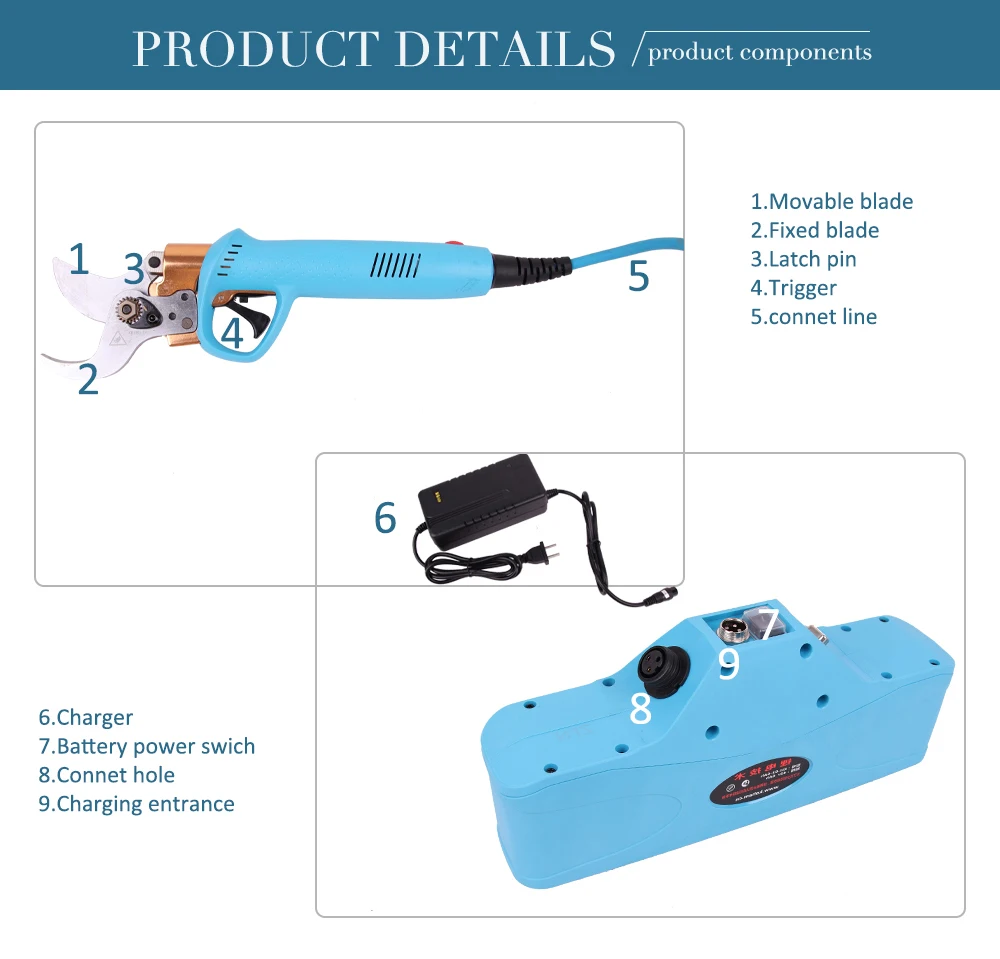 Виноградный ротанг Электрический секатор литиевый электронный привод Резка диаметр 45 мм непрерывное время работы 8-10 часов