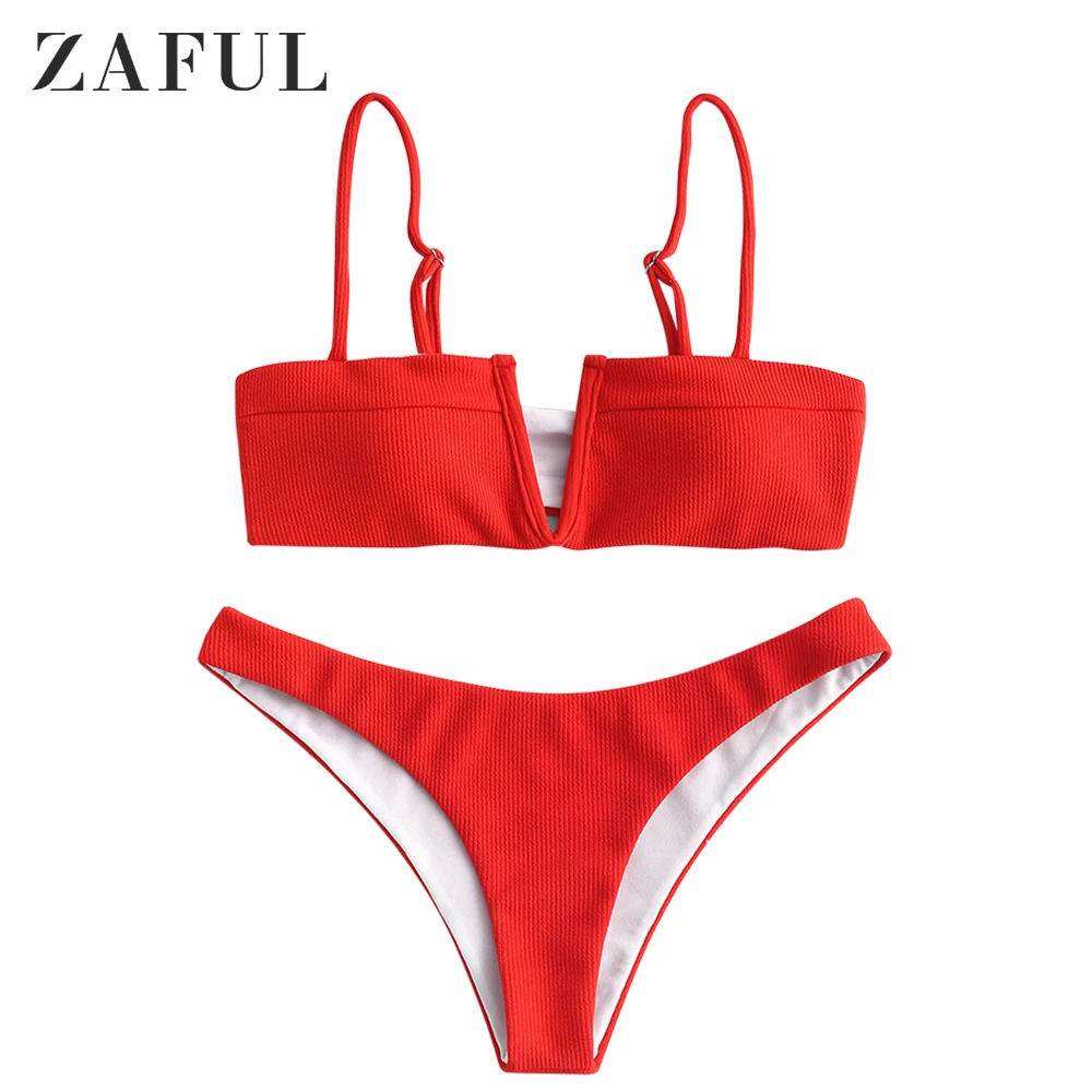 ZAFUL, женский сексуальный купальник, с бантом сзади, в рубчик, комплект бикини, пляжный костюм, без проволоки, с подкладкой, низкая талия, пляжная одежда, купальник - Цвет: Lava Red