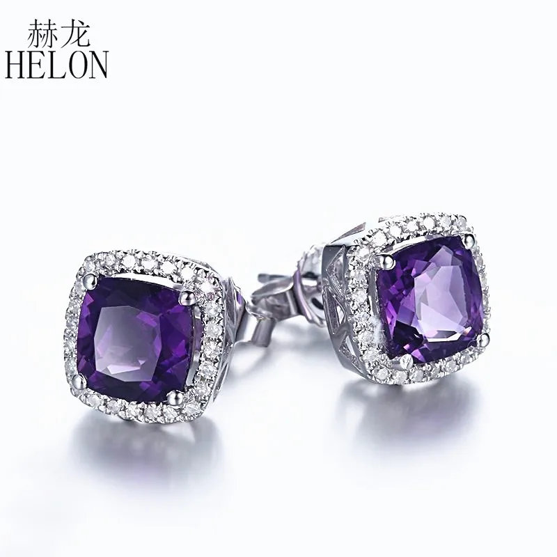 

HELON Solid 10K White Gold Cushion 6mm Amethyst Earrings Fine Gem Natural Diamonds Stud Earrings Engagement For Women's Jewelry