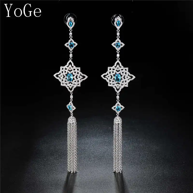 

YoGe statement jewellery, E7547 Fashion AAA CZ long tassel drop earring ,womens accessaries,beautiful top quality 16cm long