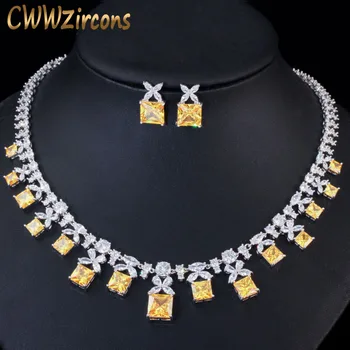 

CWWZircons Gorgeous Princess Cut Yellow Cubic Zirconia Stone Women Wedding Party Costume Necklace Jewelry Sets for Brides T351