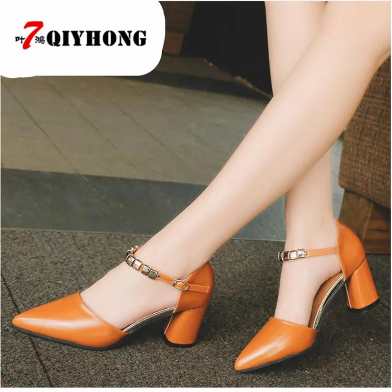 

2018 Spring And Summer New Sexy Pointed PU Sandals Baotou Heels Hollow Word Buckle Thick With Single Shoes Shoes Woman