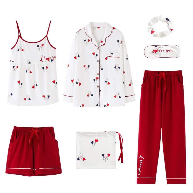 

SP&CITY 7PCS Japan Sweet Heart Balloon Print Cotton Pajamas Set Cute Women Home Soft Sleepwear Girls Comfortable Nightwear Sets