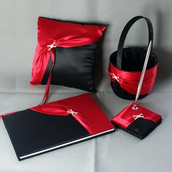 

Black Wedding Collection Set in Satin with Red Ribbons Set of 4 ) Wedding Guestbook Ring Pillow Pen Set and Flower Basket