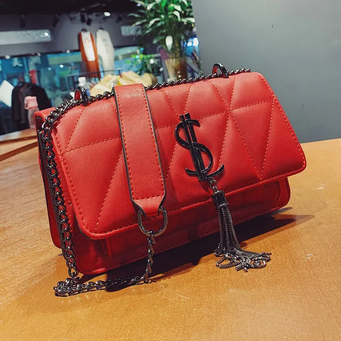 

2019 New Fashion PU Leather Messenger Chain Bags Plaid Women Mini Black Party Tote Clutch Handbag Crossbody Bag